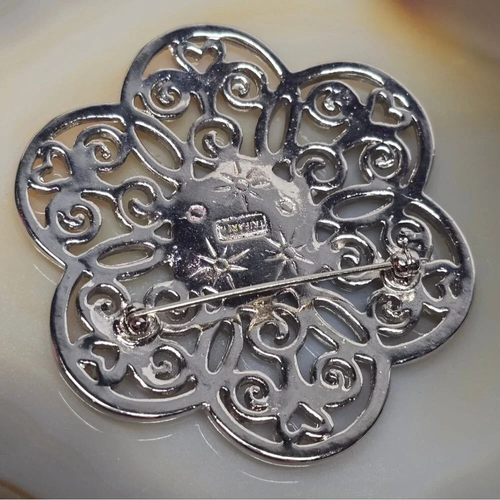 Vintage TRIFARI Filigree Silver Tone Metal  Flower Brooch Floral Boho Art Deco
